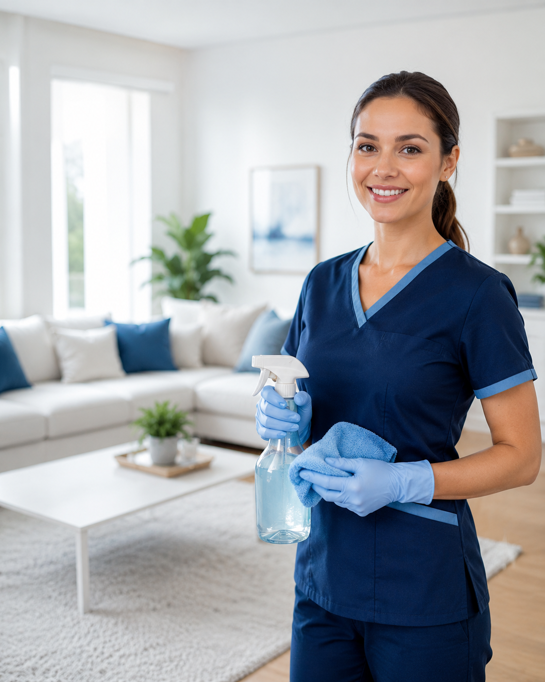 Professional cleaner in a bright residential living room