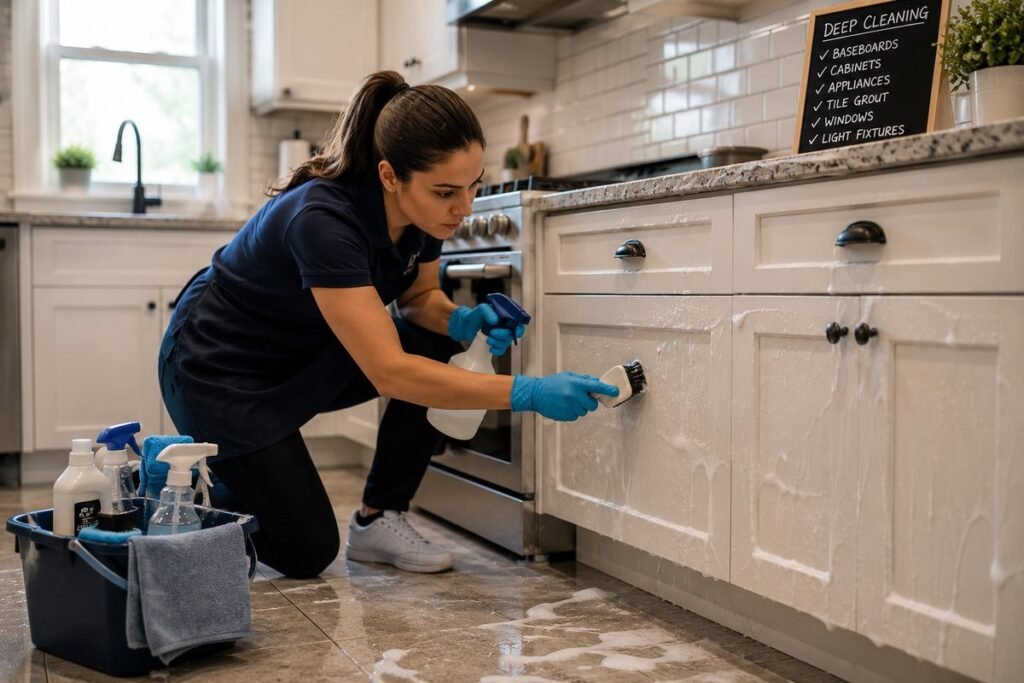 Professional deep cleaning service for a residential kitchen